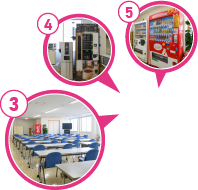 ③ 社員が集う大食堂④ お茶やコーヒーも充実⑤ 自動販売機も完備